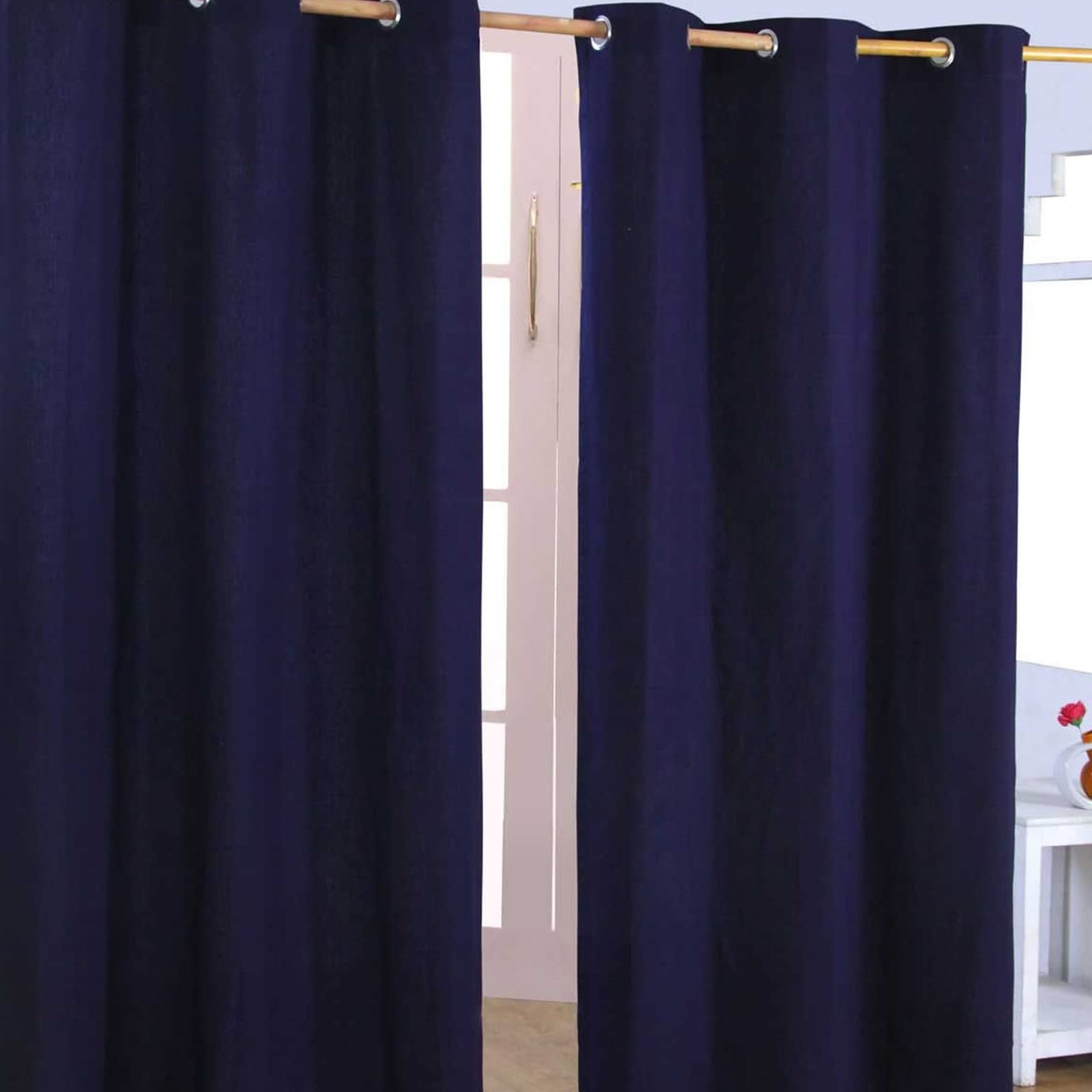 HOMESCAPES Navy Blue Eyelet Curtain Pair 137cm (54") Wide x 182cm (72") Drop Plain Heavy Unlined Curtains — image 1