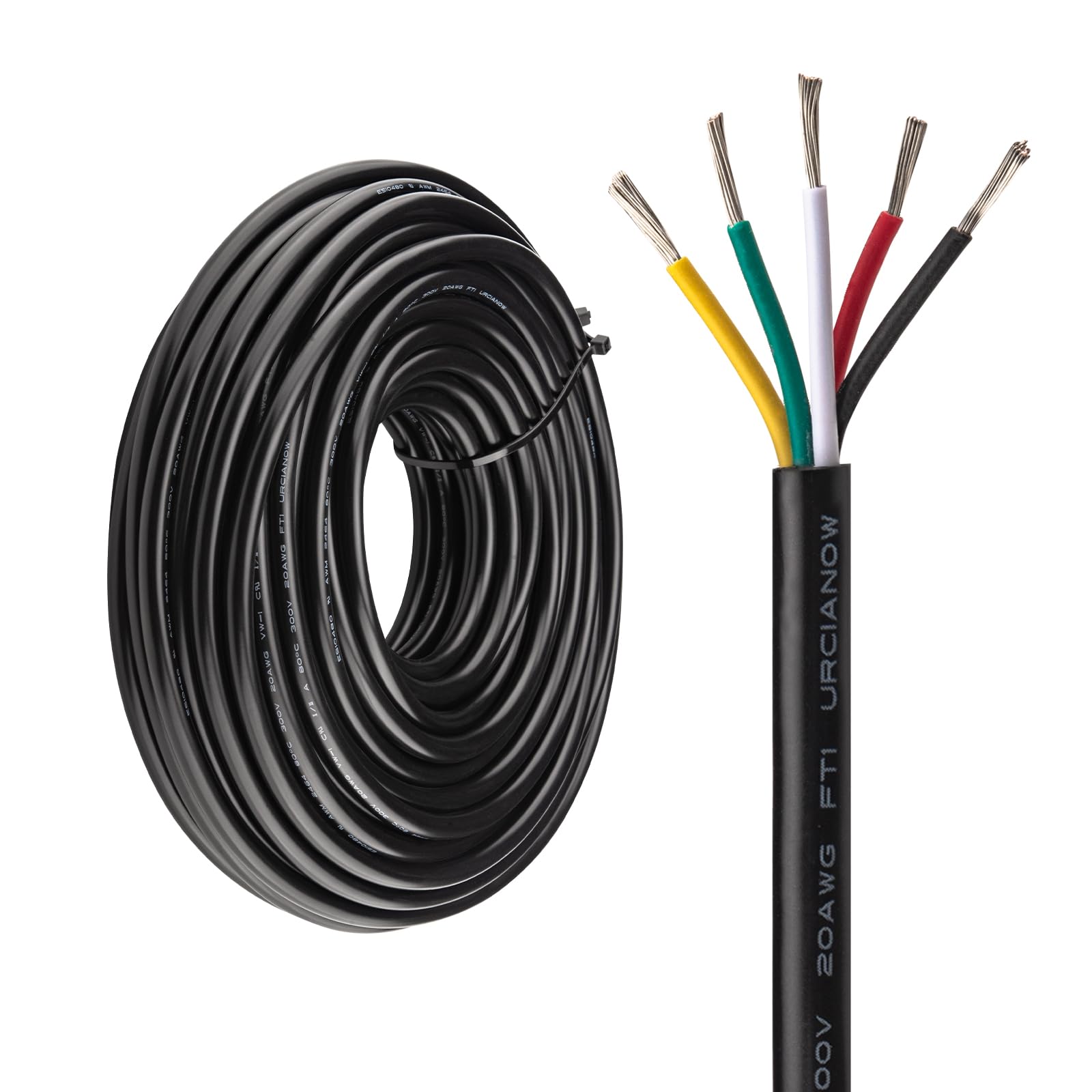 URCIANOW Electrical Wires 5 Core Cable 5x0.5mm²20M Tinned Copper Cable 20Gauge UL2464 Stranded Wire Low Voltage Extension Black PVC Sheathed for Kitchen Appliances