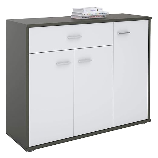 CARO-Möbel Kommode Estelle Sideboard Mehrzweckschrank, grau/weiß mit 3 Türen und 1 Schublade, 88 cm breit