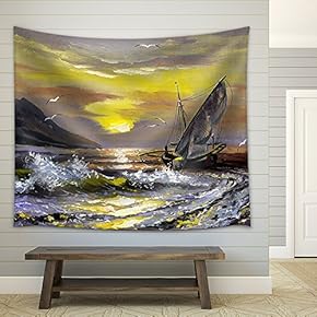 Sailing Boat in Waves on a Decline - Fabric Wall Tapestry Home Decor - 51x60 inches