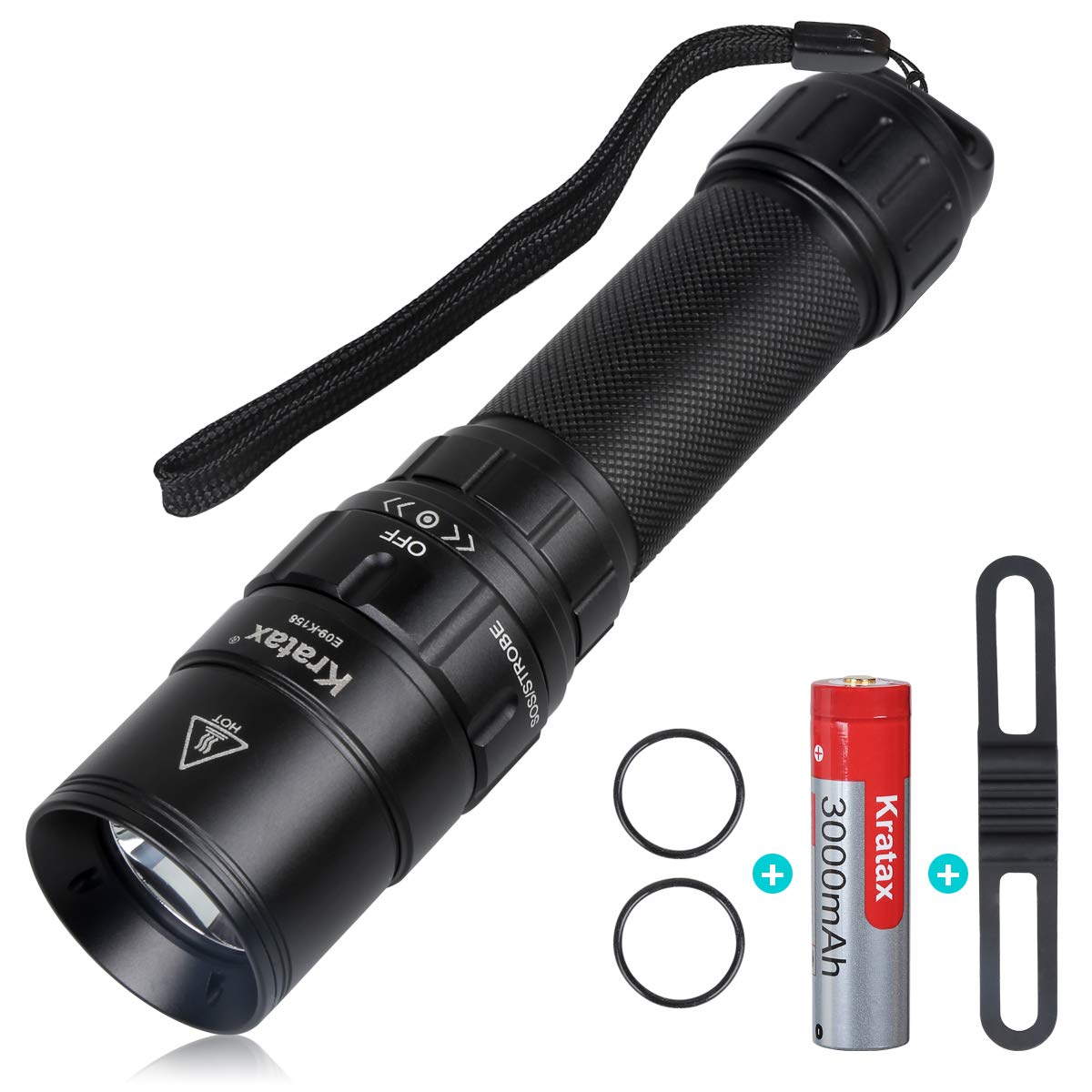 Kratax LED Torch,Super Bright 1000 Lumens Adjustable Focus Waterproof and Shockproof Flashlight,5 Light Modes Torches for Camping Hiking Biking and BBQ(3000mah Rechargeable Battery Included)