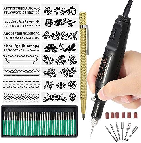Electric Micro Engraver Pen Mini DIY Engraving Tool Kit for Metal Glass Ceramic Plastic Wood Jewelry with Scriber Etcher 30 Bits and 6 Polishing Head and 16 Stencils by WALANG (Black)