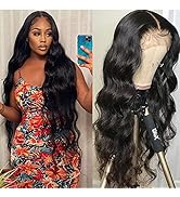 Flwing 13x4 Body Wave Lace Front Wigs Human Hair Pre Plucked with Baby Hair for Black Women, 28 I...