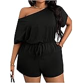 SOLY HUX Women's Plus Size Off The Shoulder Short Jumpsuits Summer Short Sleeve Rompers with Pocket