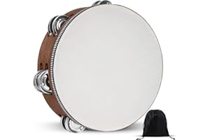 WIRMEVI Tambourine, Tambourines for Adults, 8 Inches Wooden Hand Held Percussion Tambourine with Storage Bag, Tambourines Musical Instrument for Church, Wedding, Party, Dance, Photo Shoot