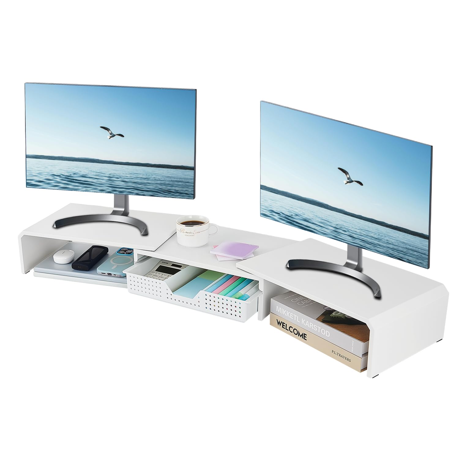 Photo 1 of LEKETREE Dual Monitor Stand Riser with Drawer, Desk Organizer and Accessories, Metal Laptop Stand for Desk, Workspace Desktop Stand for Computer, Laptop, TV and More (White)