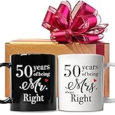 FALJIOK 50 Year Anniversary Coffee Mugs Set of 2, 50 Years of Being Mr Right & Mrs Always Right Mug 11oz, 50th Wedding Anniversary Mug Gifts for Couple Parents Grandparents