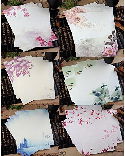 Ziye Shop 48 Pcs Writing Stationery Paper Chinese Style Vintage Flower Craft Letter Paper (6 models, 8 sheets per model) (A)