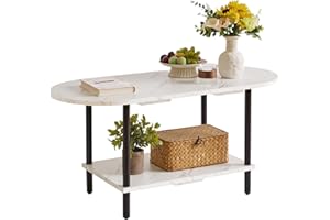 Aibiju 2 Tier Coffee Table with Open Storage Shelf, Oval Wood Tea Table 17 inch high, Small Table for Small Space Apartment White Faux Marble + Black YD-011M
