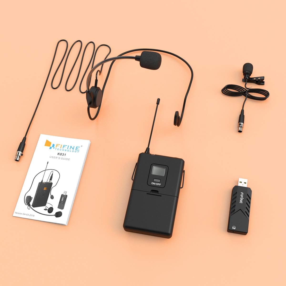 Wireless Microphones for Computer,FIFINE USB Wireless Microphone System for PC and Mac,Headset UHF Wireless System with USB Receiver,Transmitter,Headset and Clip Lavalier Lapel Mic-K031B: Musical Instruments