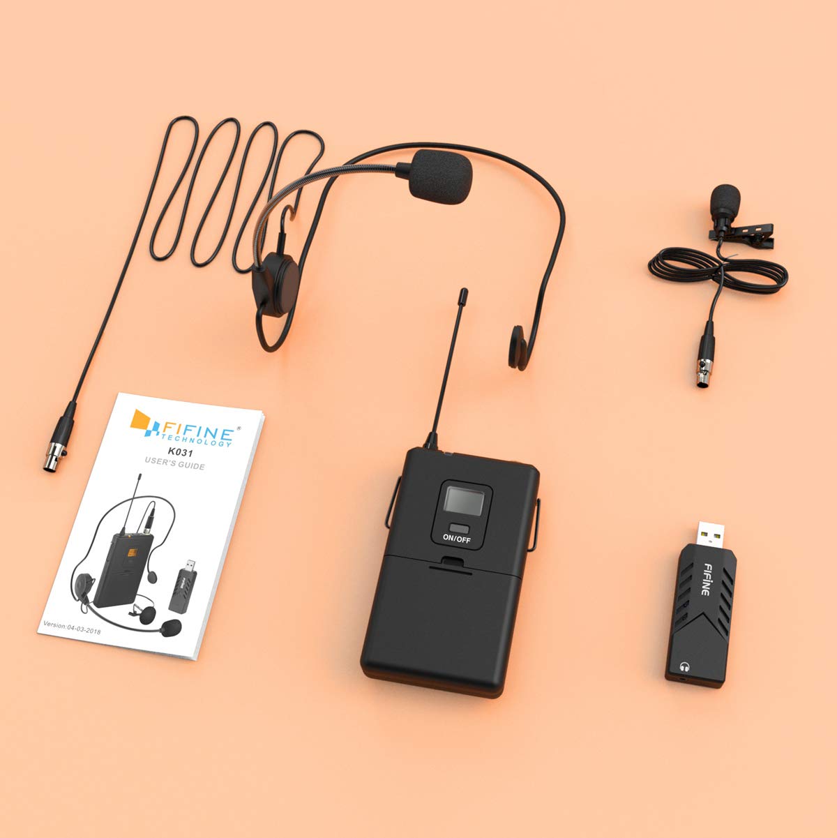 FIFINE Wireless Microphones for Computer, USB Wireless Microphone System for PC and Mac, Headset UHF System with USB Receiver,Transmitter, Headset and Clip Lavalier Lapel Mic-K031B