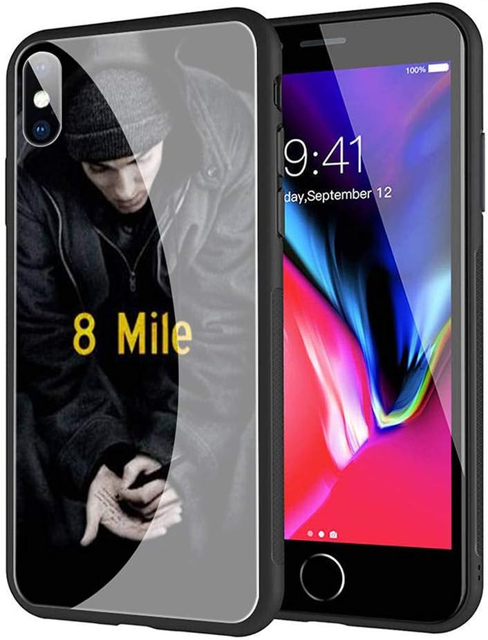 GUOZHAO Phone Case iPhone X/XS,GZA-21 Eminem Tempered Glass Back Black Cover and Soft Silicone Rubber Bumper Frame for Scratch-Resistant and Anti-Scratch Absorption