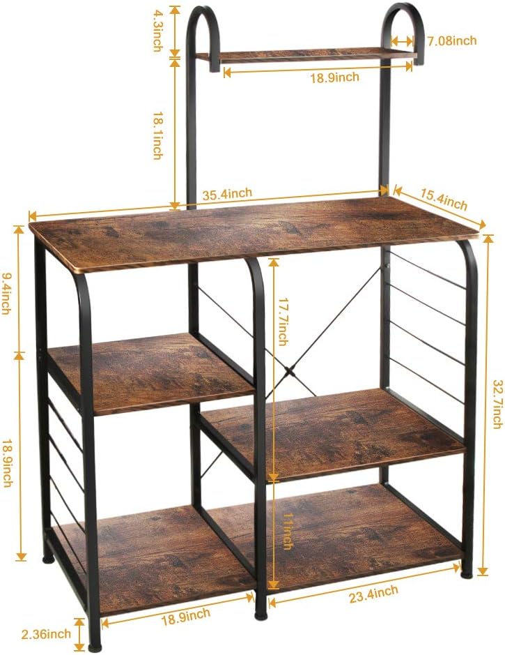 VANSPACE Indusrial Kitchen Baker's Rack Utility Storage Shelf Microwave Stand 4-Tier + 3-Tier Kitchen Storage Cart Table for Spice Rack Organizer Workstation with 5 Hooks - 35.5" Vintage Brown - Standing Baker's Racks