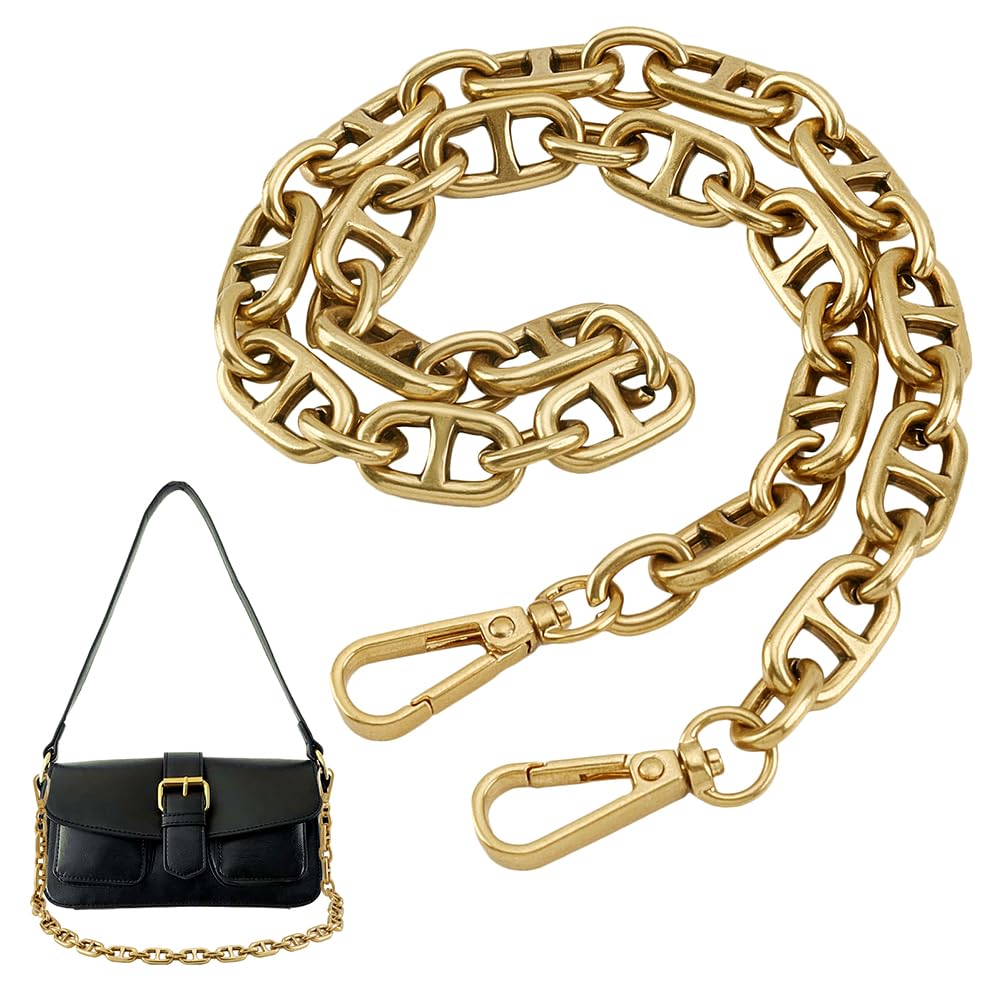 PandaHall Metal Handbag Chain Straps 22.2 Inch Purse Clutches Handles Golden Chunky Metal Chains Flat Chain Strap with Alloy Swivel Clasps for Clutch Handbag Crossbody Bag Replacement