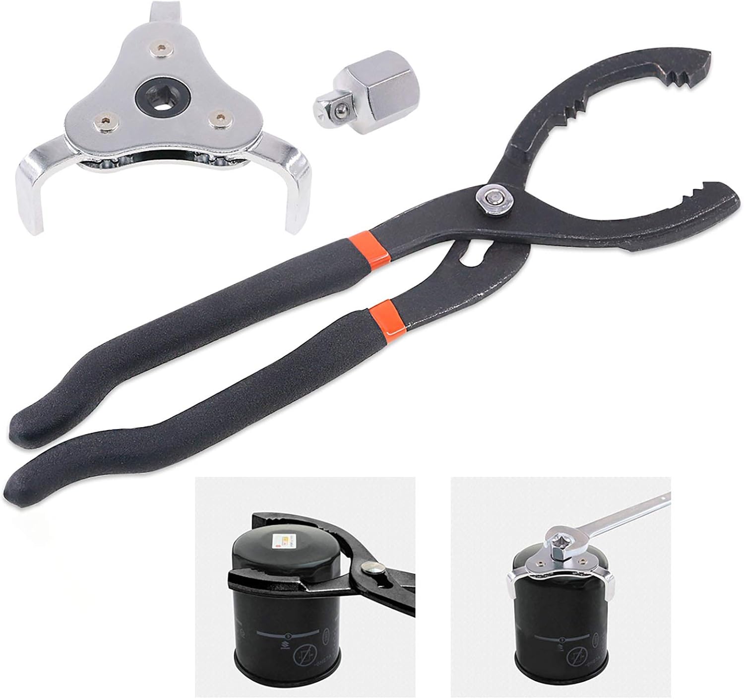 Keadic 2 Pieces 12 Inch Long Handle Oil Filter Plier and Universal Adjustable 3 Jaw 2 Way Oil Filter Wrench Remover Tool Set Perfect for Motorcycles Cars Trucks and More