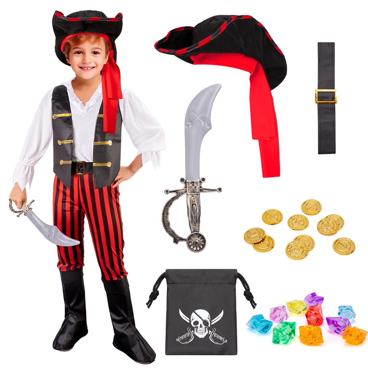 MELAND Pirate Costume Kids, Boys Girls Dress up with Pirate Hat, Boot-covers for Kids Aged 3 to 10, Fancy Dress for Kids & Toddlers Pirate Day Halloween Costumes (Black, XL(9-10 Years))