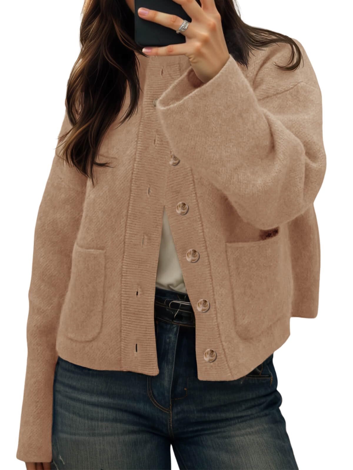 Photo 1 of Cicy Bell Womens Chunky Knit Cardigan Sweaters Button Down Mock Neck Open Front Jacket Winter Casual Outerwear with Pockets Camel
