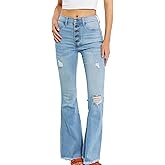 Women's Casual Flare Jeans Vintage High-Waisted Distressed Raw Hem Jess Button Jeans Light Blue Denim Fabric