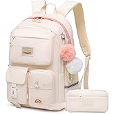 Alrisg Girls Backpack Student Laptop Book Bag with Multiple Pockets for Teen Kids Elementary Middle School Travel Daypack Beige