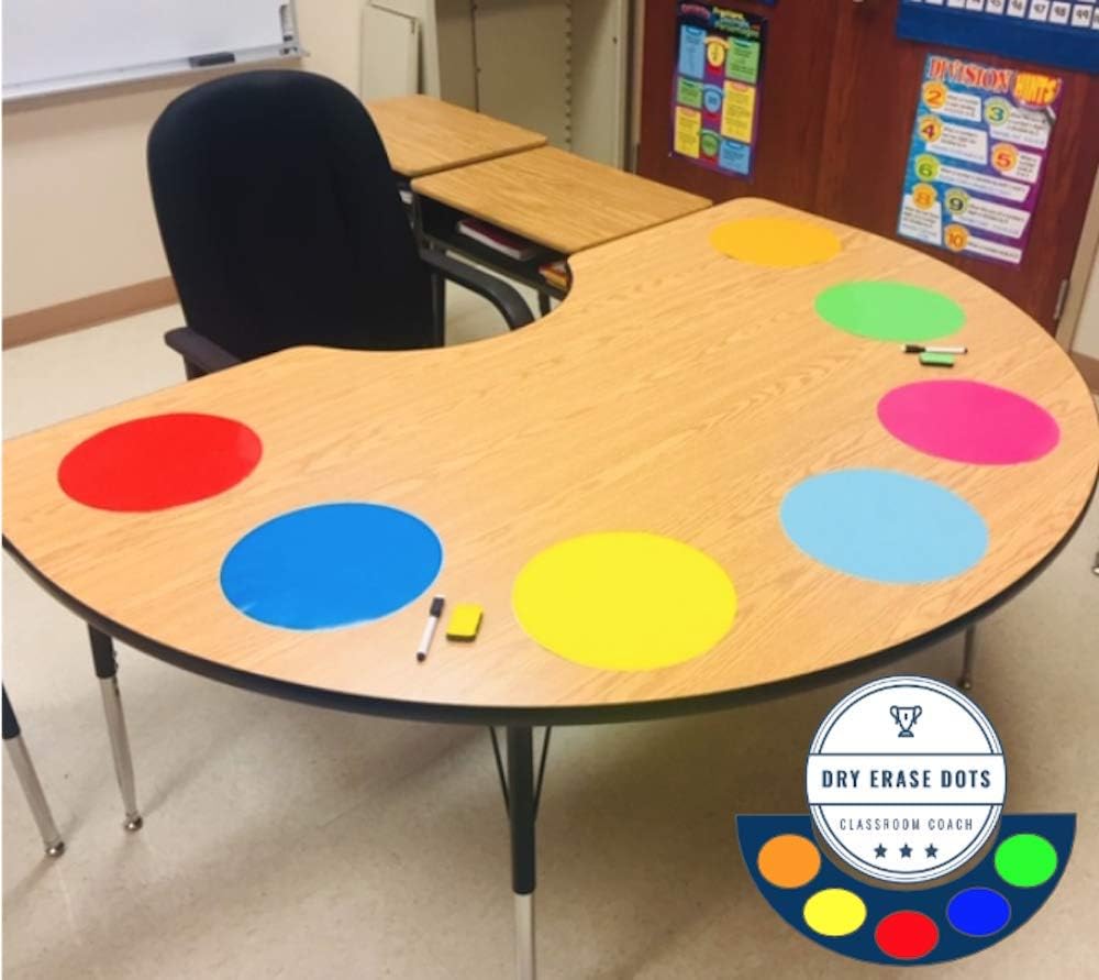 Table Dots Dry Erase Circles by Classroom Coach PET Vinyl for Easy Erasing - Set of 14 Multicolor Circles Decals for Tables, Whiteboard, or Walls! Great Teacher Classroom Supplies (14) : Office Products