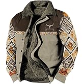 DMOYALA Western Aztec Jackets for Men Fleece Cowboy Shirt Jackets Cow Skull Graphic Coats Long Sleeve Jackets with Pocket