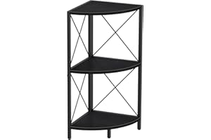 Snughome Corner Shelf with Metal Frame, 3 Tier Corner Storage Organizer, Freestanding Corner Bookshelf Stand Display Rack for Kitchen, Living Room, Black