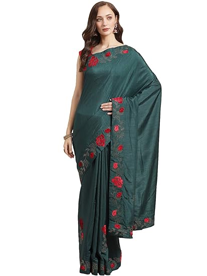 Shaily Womens Silk Blend Velvet & Swarovski Work Saree[Teal]