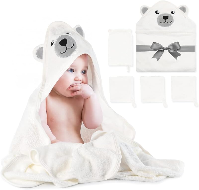 momcozy Bamboo Baby Bath Towels Set 5 Packs Hooded Towel Washcloths Glove