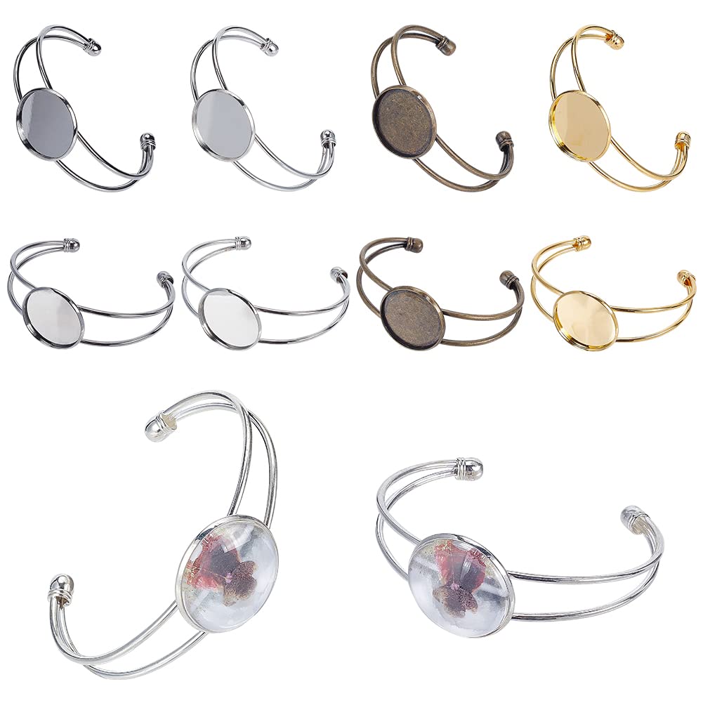 PandaHall Elite 10 pcs Adjustable Brass Blank Bracelet with Flat Round Tray, 60x6-13mm, 5 Colors