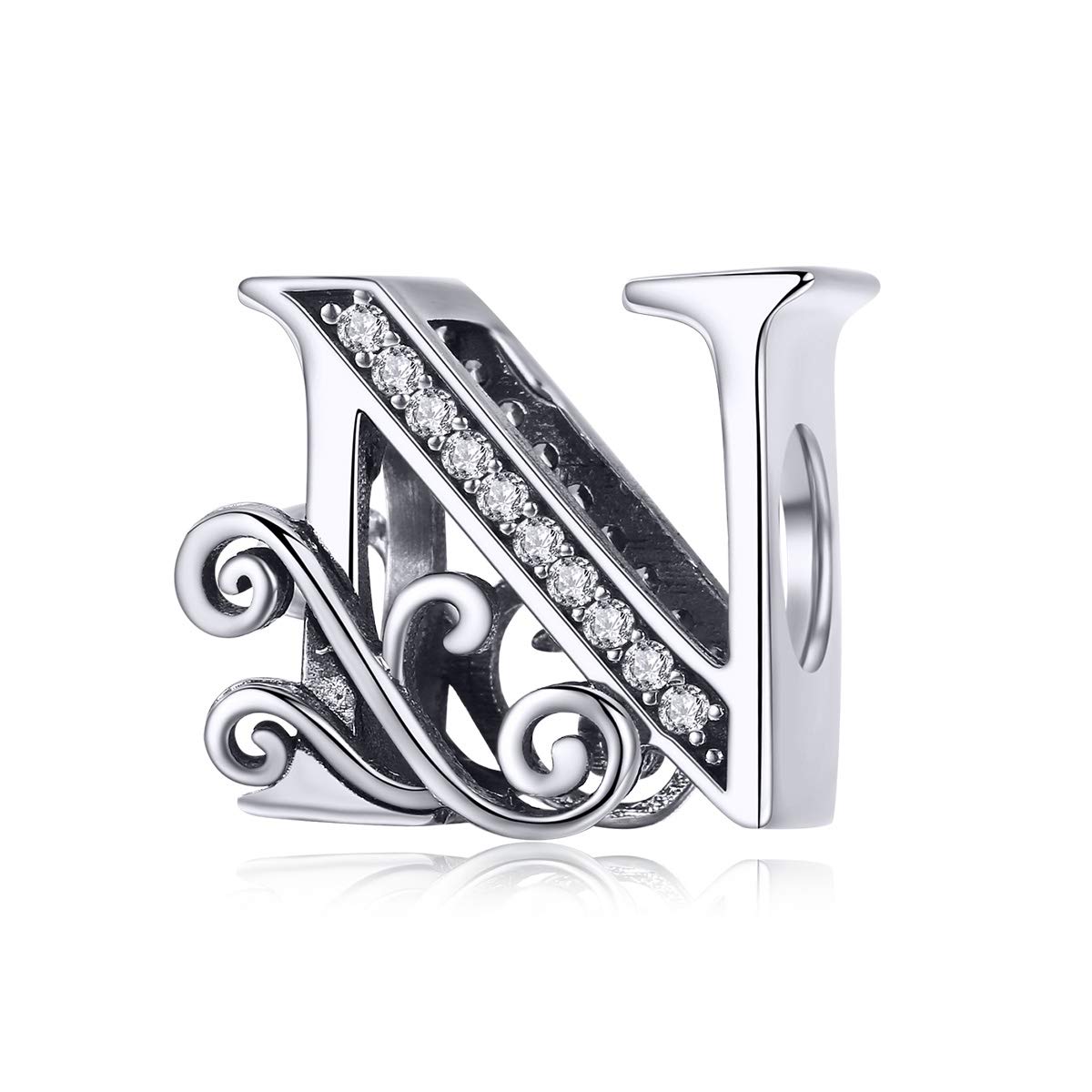 Lorrifal Solid 925 Sterling Silver Initial N Letter Charm A-Z Bead for Pandora European Bracelets Necklace Women Jewelry Gift