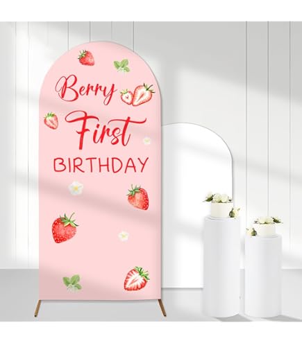 Iydamc Strawberry Theme Arched Backdrop Covers For Baby Sweet Birthday Parties Stretchy Arch Stand Cover Baby Shower Party Decorations Props (4.6x8FT Only Cover