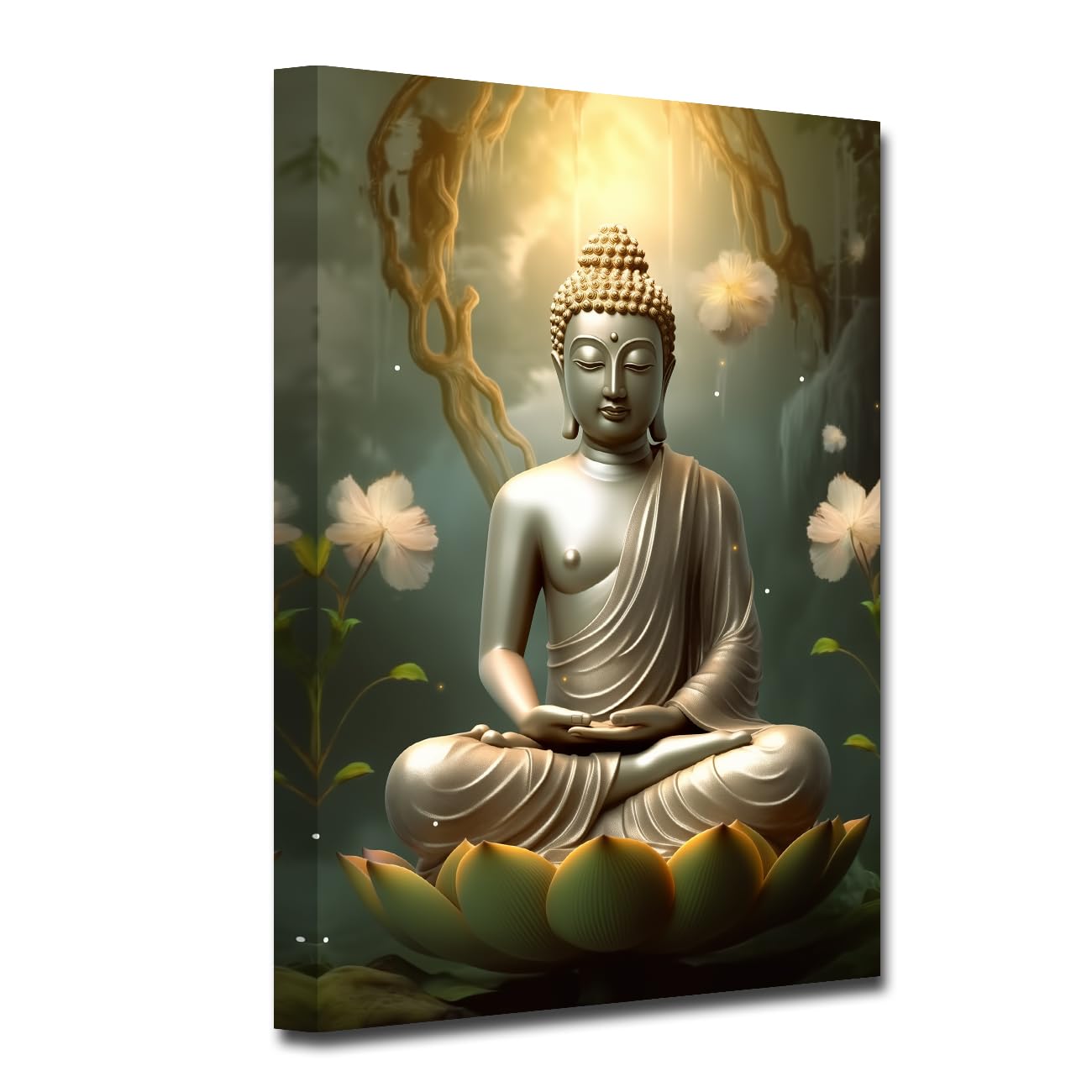 LZIMU Gold Buddha Wall Art Buddha Statue with Lotus Canvas Prints Zen Pictures Spa Decor for Spiritual Meditation Yoga Room Office Framed (Buddha-3, 12.00"x18.00")