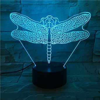 Luz de noche para niños 3D, colores RGB Forma de libélula Lámpara de