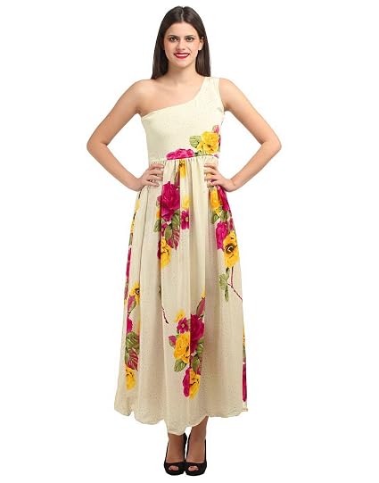 Buy Fashionverb Satin Beige Dark Pink Yellow Long One Shoulder Sleeveless Daily Wear Casual Use Floral Print Readymade One Piece Western Wear Dress For Women Girls Chest 40 2xl Size At