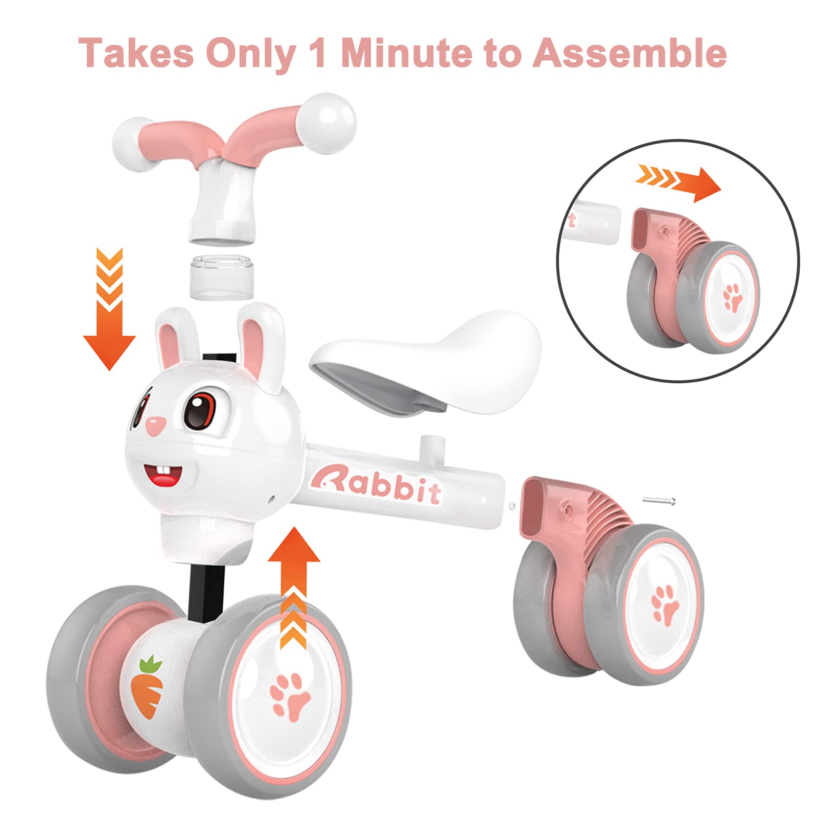YGJT Baby Balance Bike Toys for 1 Year Old Girls, First Birthday Gifts for 10-36 Months Toddlers Bike, Non-Pedal 4 Silent Wheels Riding Toys, Kids Pre-School First Bike Rabbit