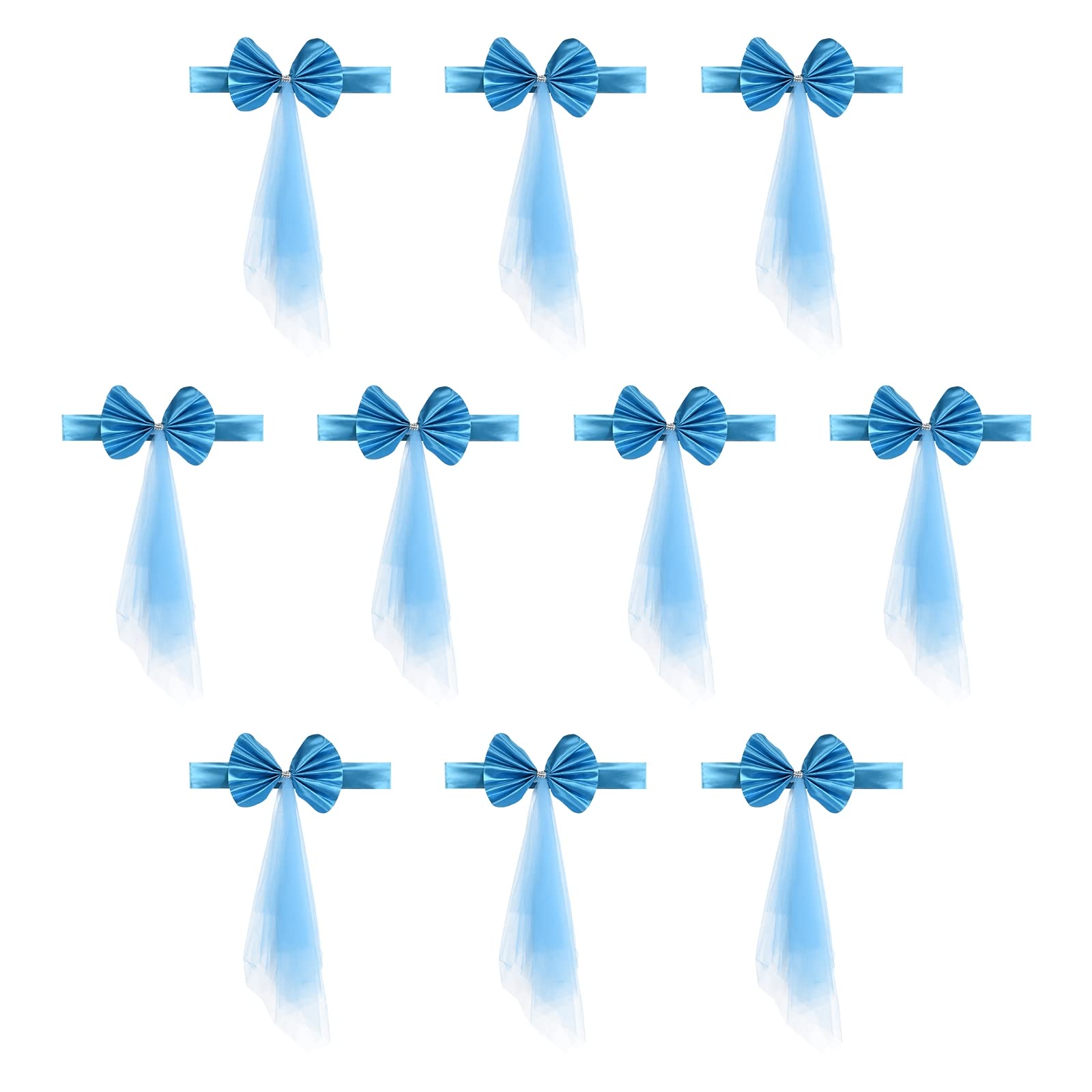 PATIKIL Stretch Satin Chair Sashes Bows, 12 Pack Chair Bands Decoration with Mesh Yarn Floating Tied for Wedding Banquet Events, Blue