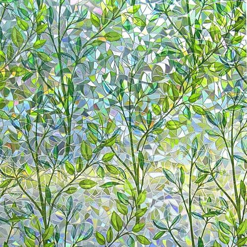 KOWVOWZ 3D Stained Glass Privacy Window Film, Green Leaves Door Film, UV Sun Blocking Window Films, Reusable 3D Decals Non-Adhesive Window Vinyl Stickers for Living Room Kitchen Office (44.5x200cm)
