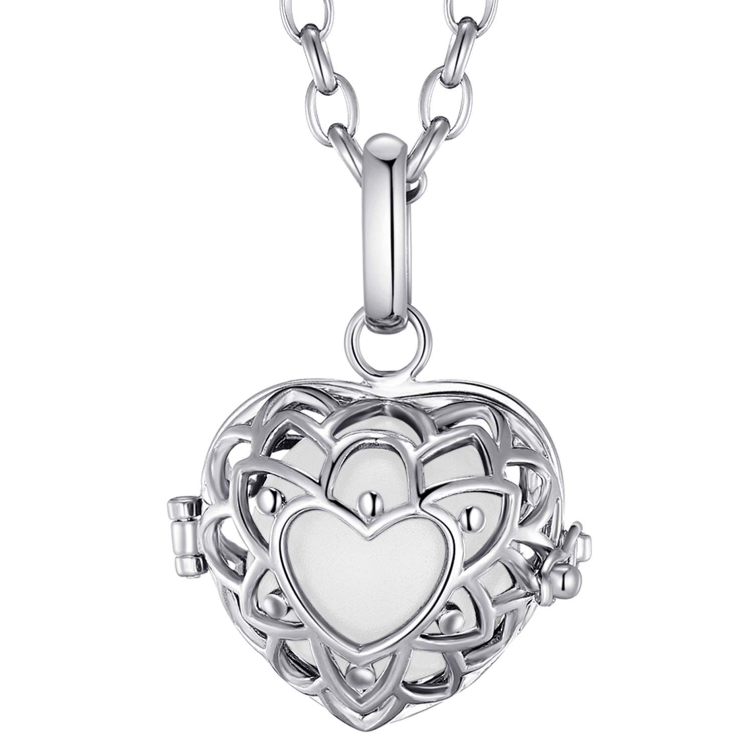 Morella Women Necklace Stainless Steel 70 cm 27,5" with Heart-Shaped Pendant with Sound Ball White Ø 16 mm 0,63" in a Velvet Jewelry Bag