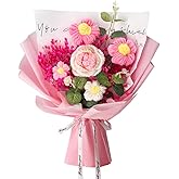 Phaicoilo Crochet Flower Bouquet: Completed Crochet Rose Flowers Dried Natural Gypsophila Baby's Breath Flowers Bouquet for Birthday Home Decor (Pink)