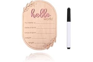 DUOJINSANXI Baby Announcement Sign, 5.91x4.13 Inch Wooden Hello World Newborn Signs, Birth Announcement Sign, Ear of Wheat Decoration, Welcome Newborn Arrival to World, Hospital Nursery for baby (Pink,Pen)