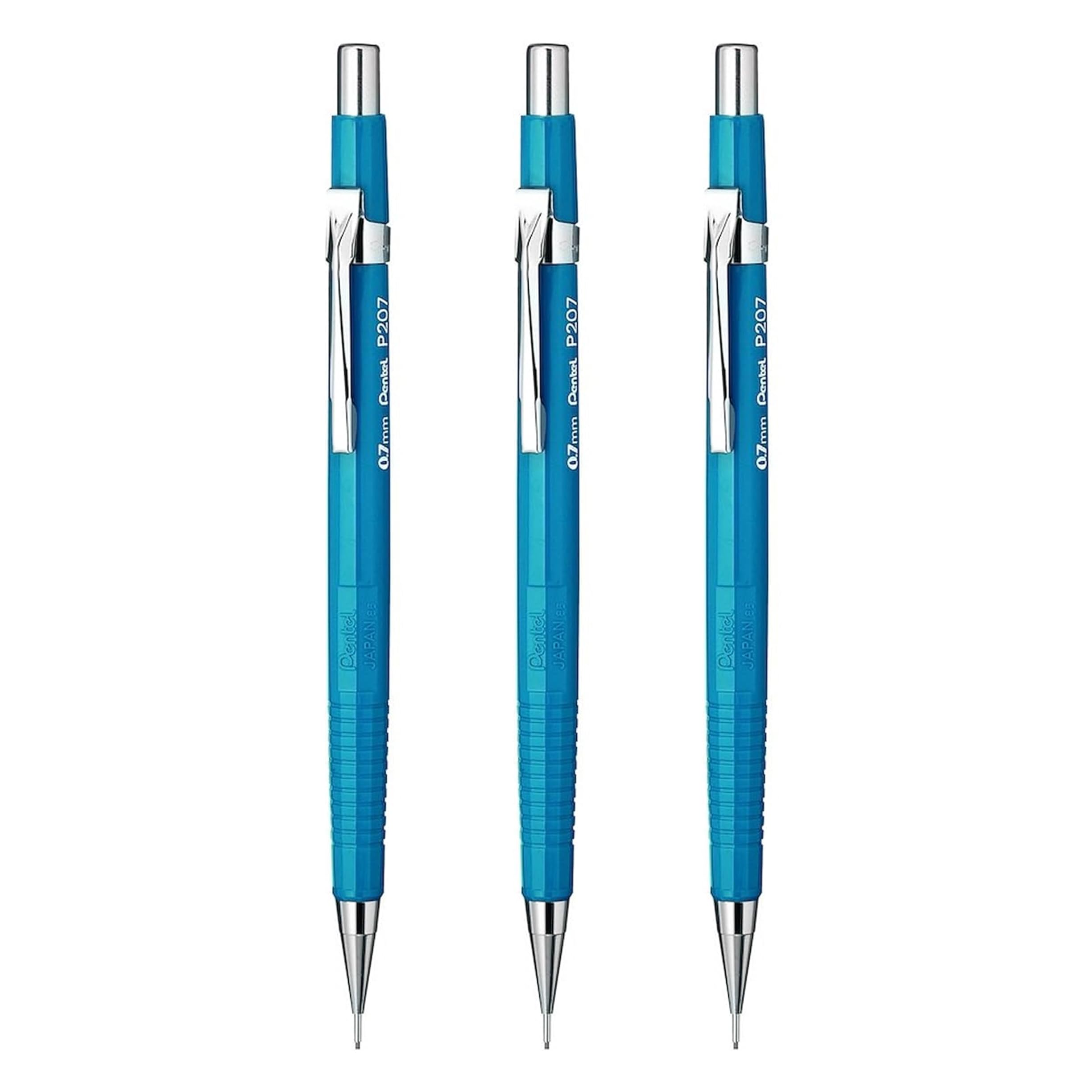 Pentel 0.7mm (P207) Blue P200 Series Automatic Mechanical Draughting Pencil Refillable Lead Eraser P207-C (Pack Of 3)