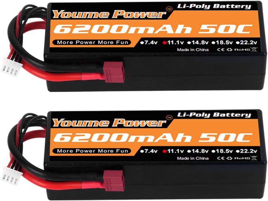 Youme 11.1V Lipo Battery, 3S Lipo Battery 6200mah 50C Hard Case Deans T Plug for Traxxas RC Car/Truck/Buggy, RC Boat, Airplane, UAV, Drone(2 Packs)