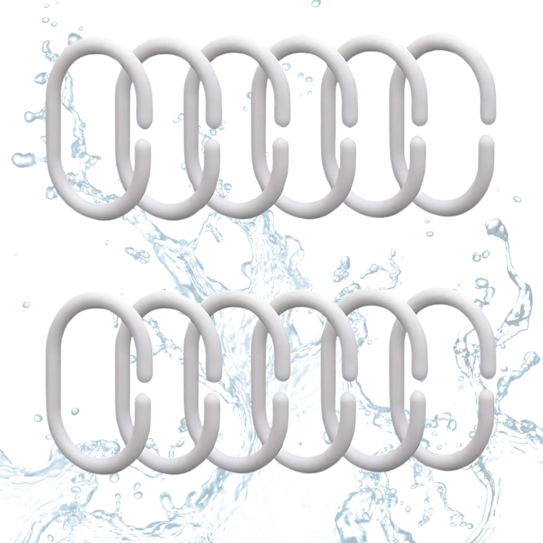 PARENCE. - Set of 30 Shower Curtain Rings - C-shaped Curtain Hooks - Quality Plastic, White - Pack of 30