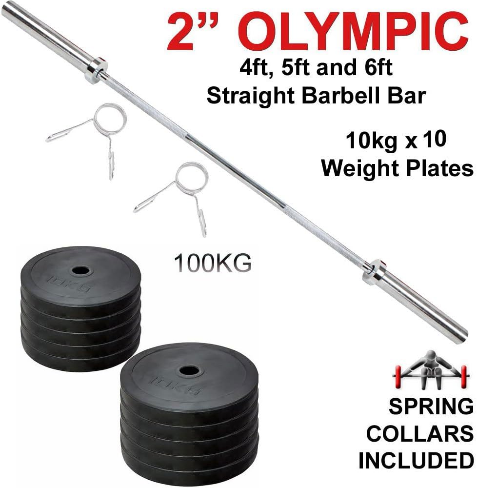 MAXSTRENGTH Rubber Olympic Weights Set 20, 40, 60, 80, 100, Kg 2" /5cm 4ft 5ft 6ft Bars And