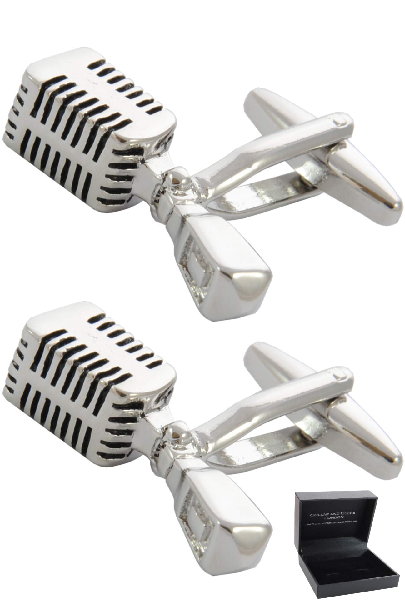 Cufflinks for Men + Presentation Box - Music - Retro Microphone - Solid Brass Metal - Music Singer Singing Musician DJ Recording Artist - Silver Colour - One Pair