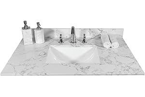 MONTARY 37 Inch Marble Vanity Top with Undermounted Rectangular Ceramic Sink & Backsplash, White Carrara Engineered Stone Countertop Vanity Sink Top for Bathroom 3 Pre-Drilled Hole