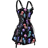 DRESSFO Women’s Gothic Buckle Strap Mini Dress – Lace Up Zipper Dress in Multiple Prints
