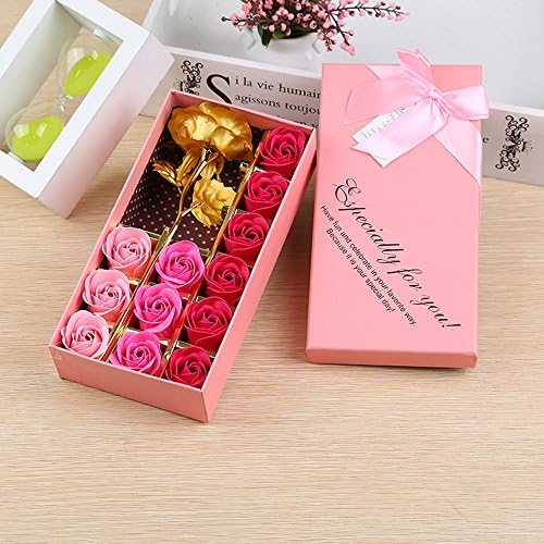 Romantic gifts 12pcs Soap Rose and 24k Gold Foil Rose Flowers Petals Set with Gift Box for Valentine's Day，Mother's day，Women's Day，Wedding，Birthday，Memorial Day By Wishfly (Pink)