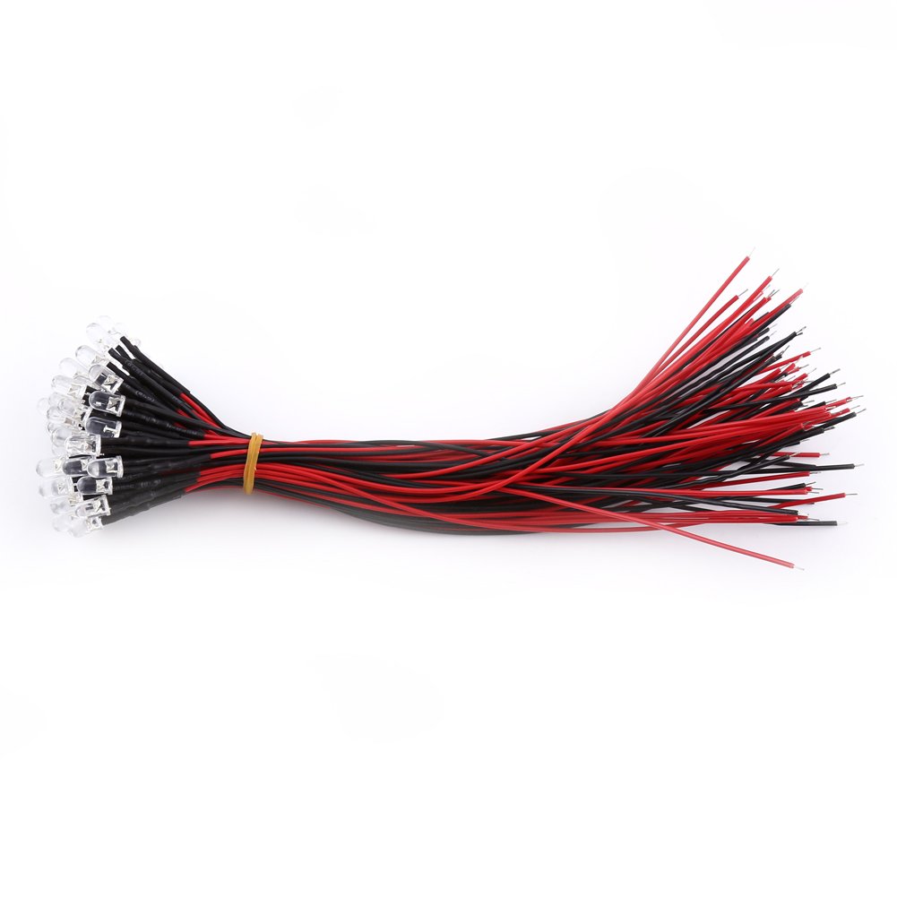 Walfront 50 Pack 5mm LED Pre-Wired Round Clear White Diodes for DC 9-12V Applications - Bright White Light Emitting Diodes for Automotive and Electronics Projects