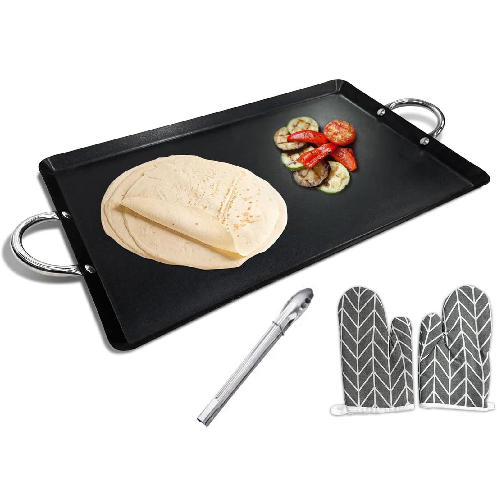 Photo 1 of * TONGS NOT INCLUDED * LetFeng 26” Double Burner Griddle Nonstick Double Burner Stainless Steels Stove Top Flat Griddle Coated Cool Touch Handle Oven Safe & Compatible With All Stovetops Black And Silver